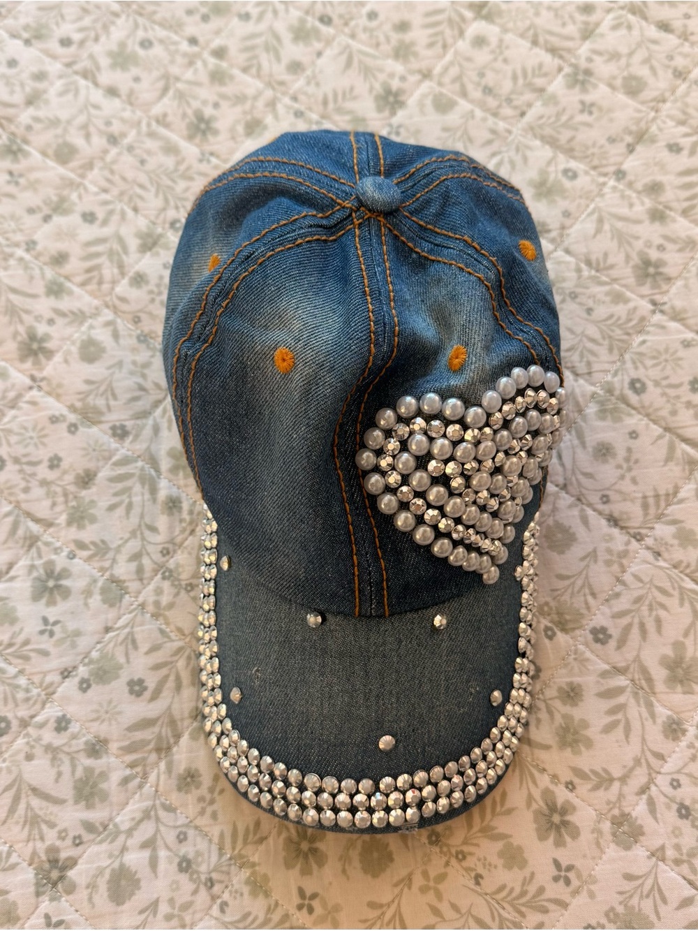 Y2k faux pearl and rhinestone denim hat